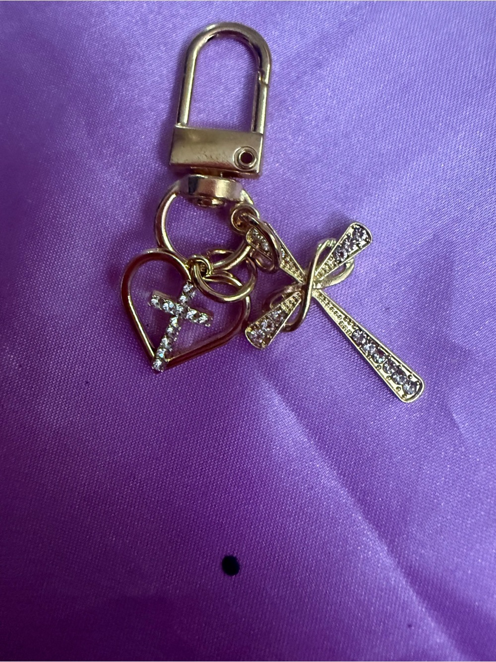 Gold Tone Cross & Heart Bag Charm Keychain